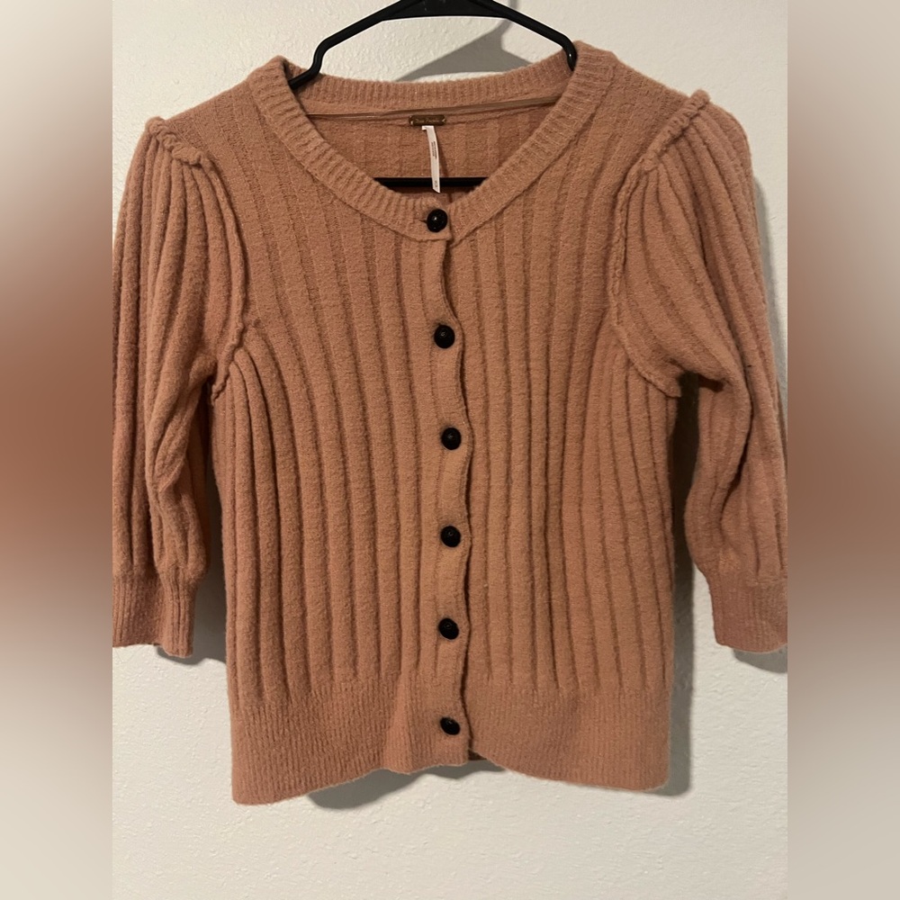 Free People Ribbed Button-Up Cardigan - Tan